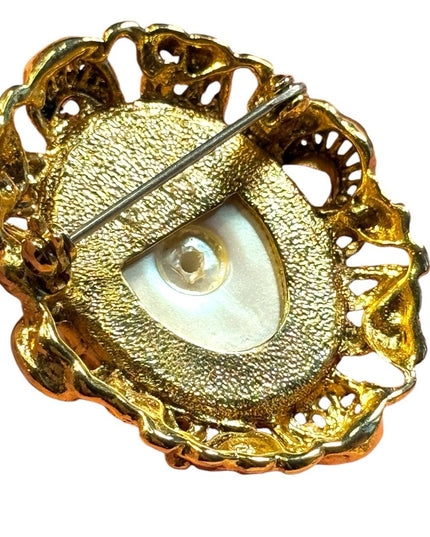 Vintage faux pearl crystal rhinestone gold plated fancy ornate oval brooch