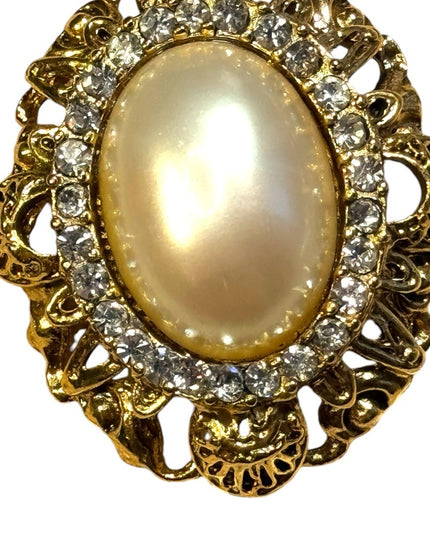 Vintage faux pearl crystal rhinestone gold plated fancy ornate oval brooch