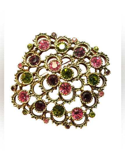 Vintage Large fancy gold finish green & pink crystal Sarah Coventry brooch