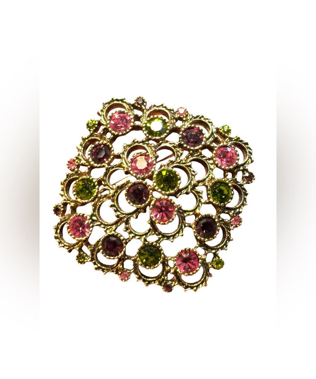 Vintage Large fancy gold finish green & pink crystal Sarah Coventry brooch