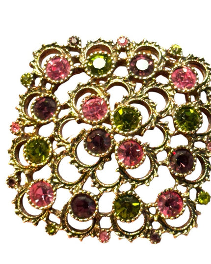 Vintage Large fancy gold finish green & pink crystal Sarah Coventry brooch