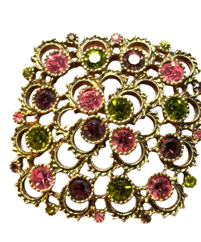 Vintage Large fancy gold finish green & pink crystal Sarah Coventry brooch