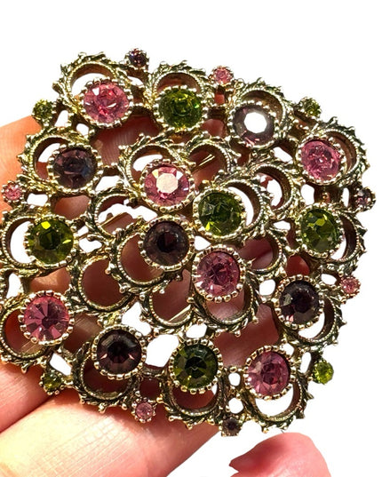 Vintage Large fancy gold finish green & pink crystal Sarah Coventry brooch