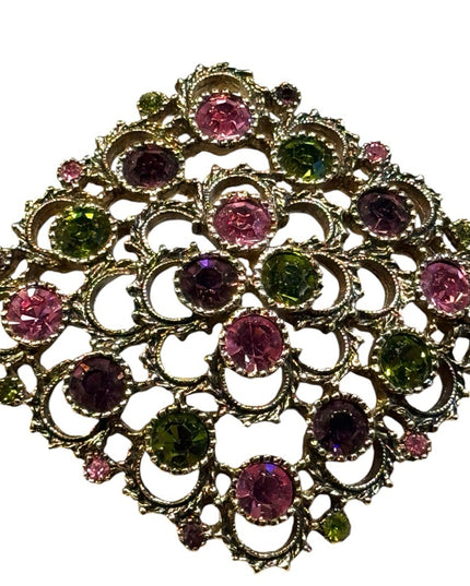 Vintage Large fancy gold finish green & pink crystal Sarah Coventry brooch