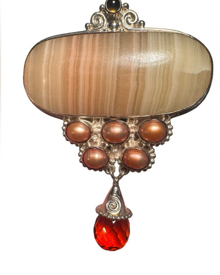 Lovely Agate pearl & CZ stunning sterling silver 925 Sajen large pendant