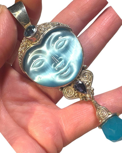 Large Sajen 925 sterling silver blue fiber optic carved goddess stone pedant