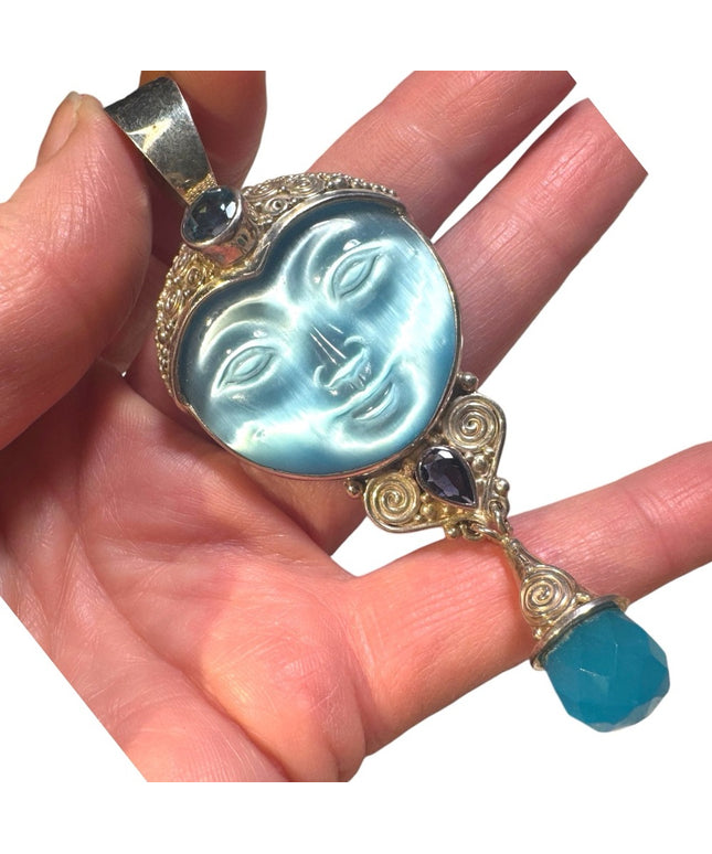 Large Sajen 925 sterling silver blue fiber optic carved goddess stone pedant