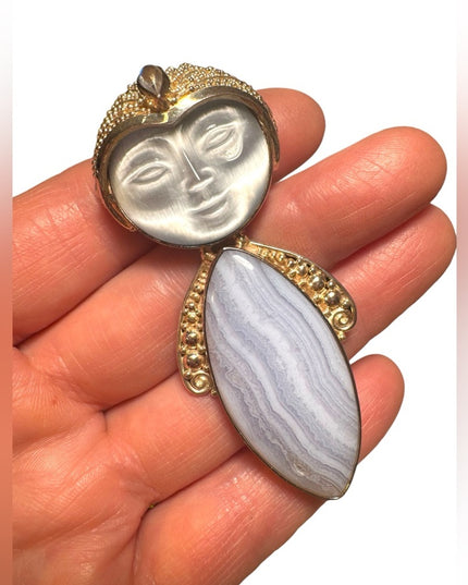 Sajen sterling silver 925 blue lace agate fiber optic goddess brooch pendant