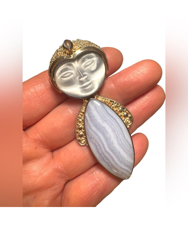 Sajen sterling silver 925 blue lace agate fiber optic goddess brooch pendant