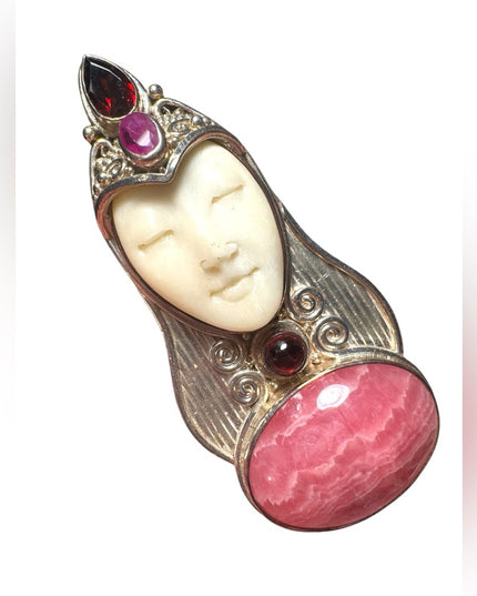 Sajen sterling silver garnet rhodonite ruby boneface goddess deco pendant brooch