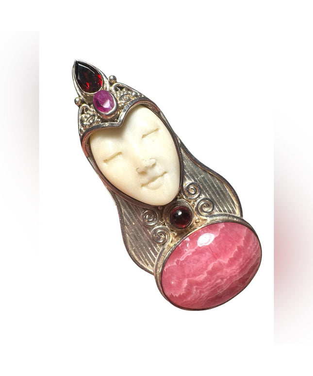 Sajen sterling silver garnet rhodonite ruby boneface goddess deco pendant brooch