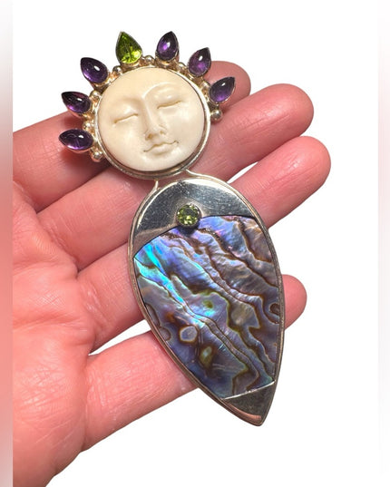 Sajen large Abalone sterling silver 925 boneface goddess amethyst peridot cameo