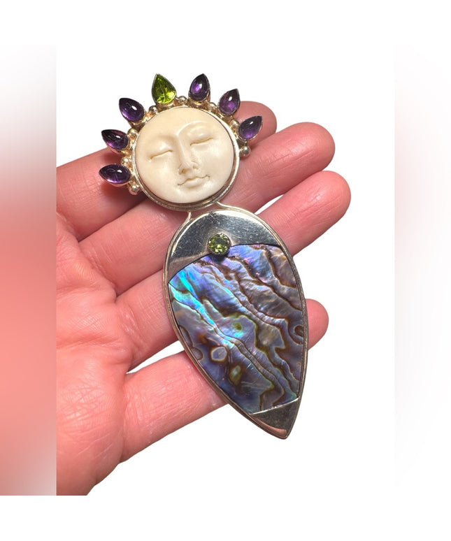 Sajen large Abalone sterling silver 925 boneface goddess amethyst peridot cameo