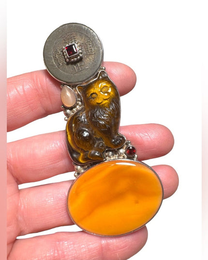 Sajen lg sterling silver 925 fiber optic carved tiger eye chinese coin pendant