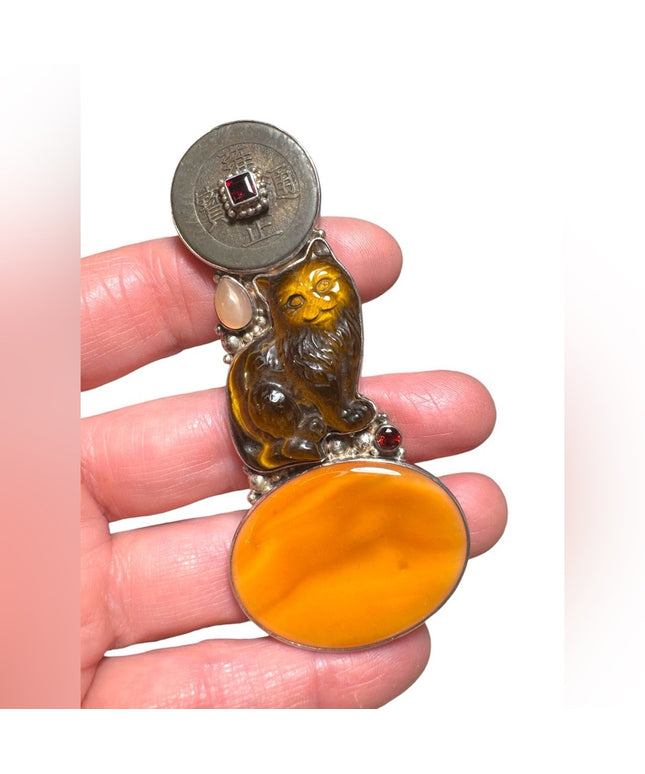 Sajen lg sterling silver 925 fiber optic carved tiger eye chinese coin pendant
