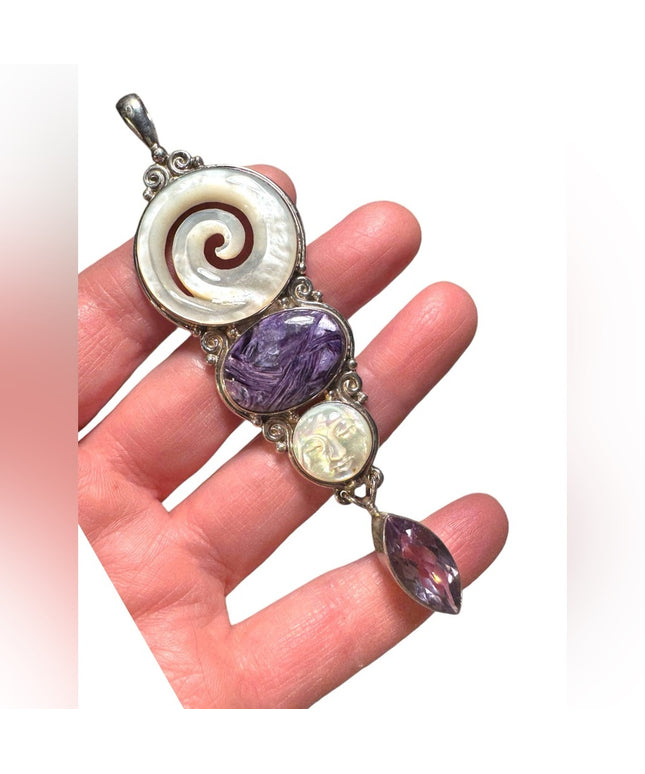 Sajen sterling 925 MOP amethyst gemstone large GODDESS celtic swirl pendant