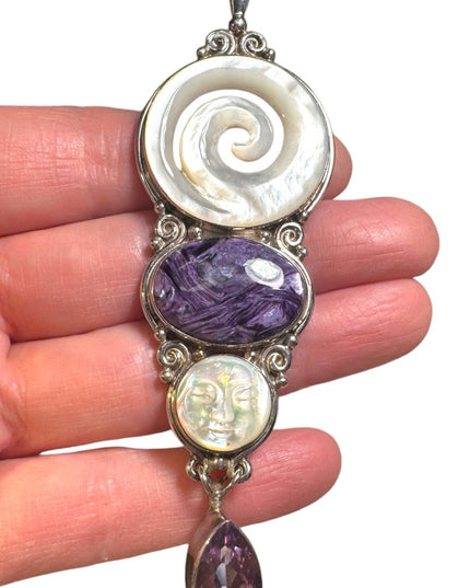 Sajen sterling 925 MOP amethyst gemstone large GODDESS celtic swirl pendant