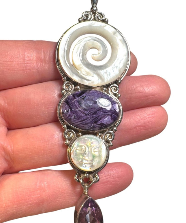 Sajen sterling 925 MOP amethyst gemstone large GODDESS celtic swirl pendant