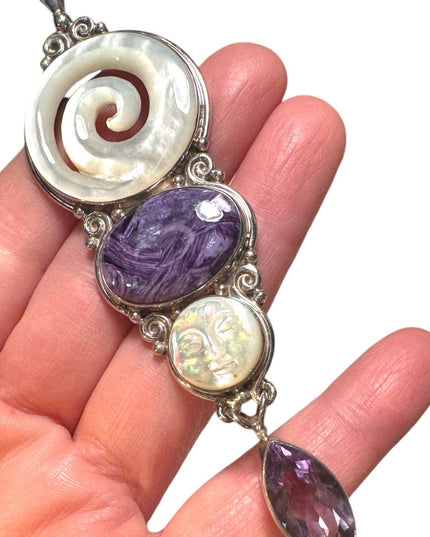 Sajen sterling 925 MOP amethyst gemstone large GODDESS celtic swirl pendant