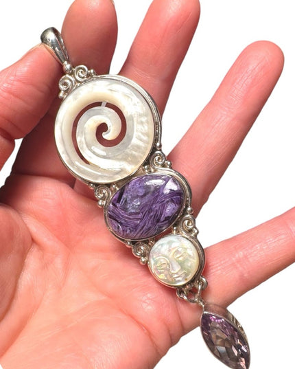 Sajen sterling 925 MOP amethyst gemstone large GODDESS celtic swirl pendant
