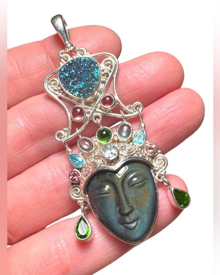 Sajen sterking 925 fiber optic multi gemstone Bali handmade GODDESS pendant