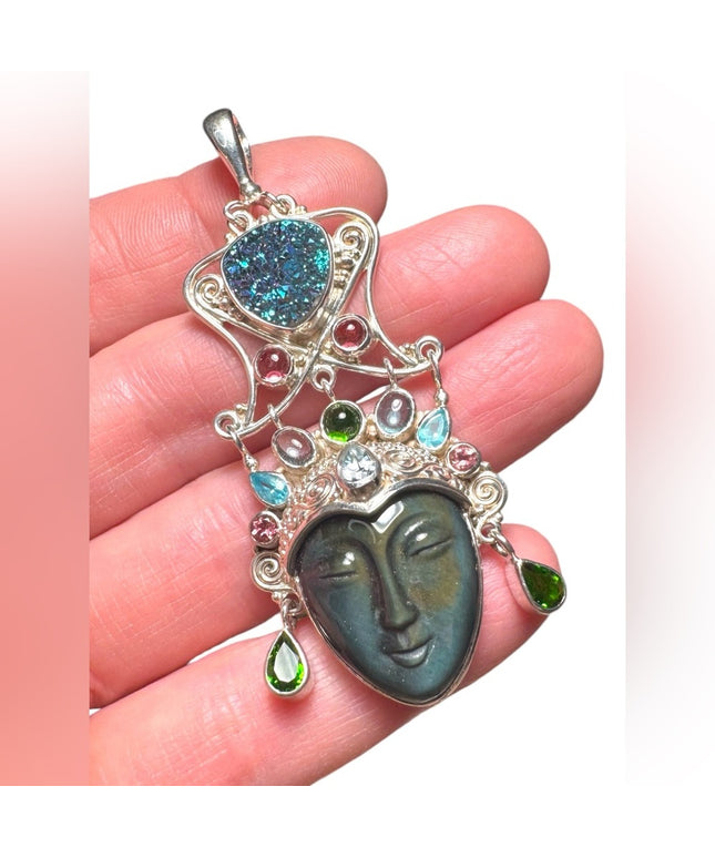 Sajen sterking 925 fiber optic multi gemstone Bali handmade GODDESS pendant