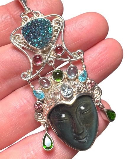 Sajen sterking 925 fiber optic multi gemstone Bali handmade GODDESS pendant