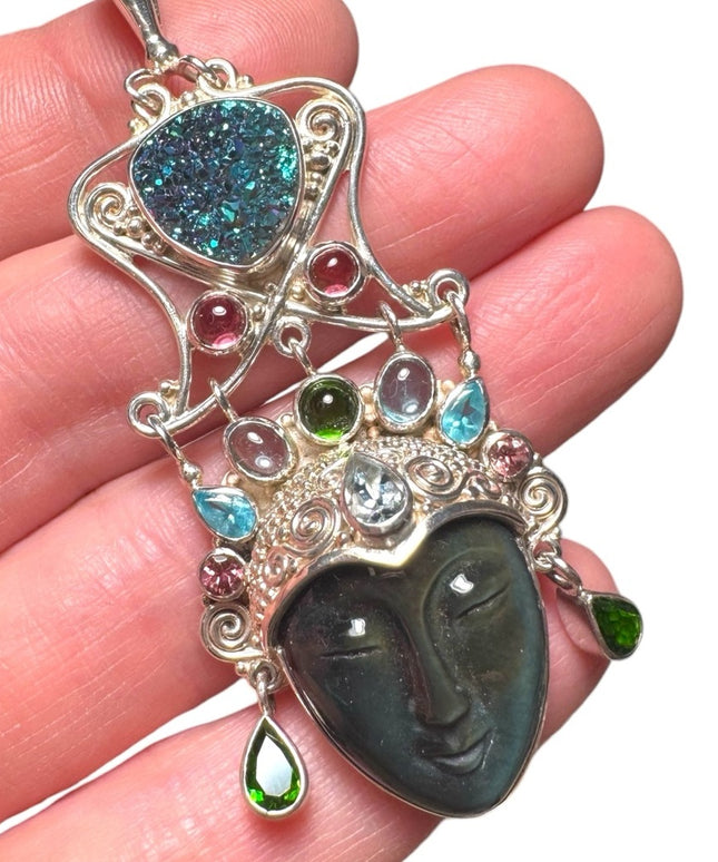 Sajen sterking 925 fiber optic multi gemstone Bali handmade GODDESS pendant