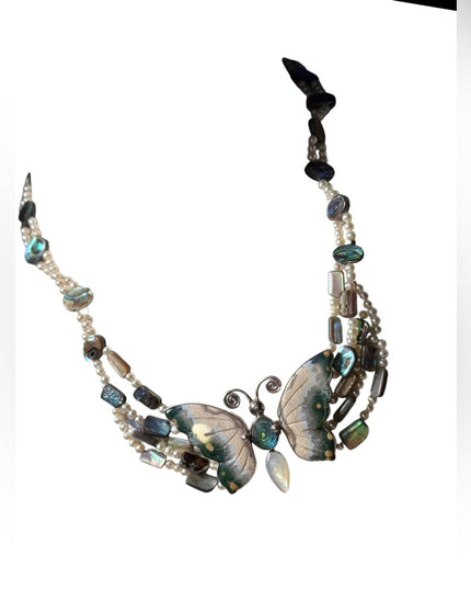 Stunning Sajen handmade RARE gemstone pearl shell sterling butterfly necklace