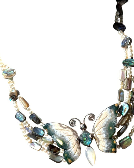Stunning Sajen handmade RARE gemstone pearl shell sterling butterfly necklace