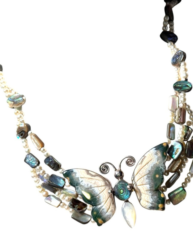 Stunning Sajen handmade RARE gemstone pearl shell sterling butterfly necklace
