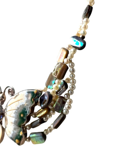 Stunning Sajen handmade RARE gemstone pearl shell sterling butterfly necklace