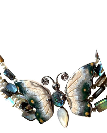 Stunning Sajen handmade RARE gemstone pearl shell sterling butterfly necklace