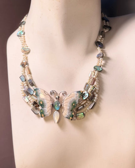 Stunning Sajen handmade RARE gemstone pearl shell sterling butterfly necklace