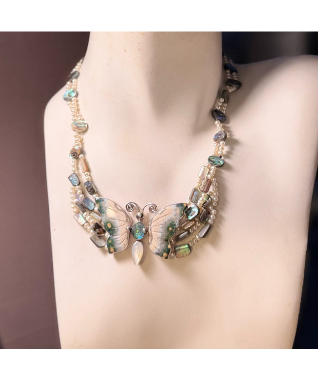 Stunning Sajen handmade RARE gemstone pearl shell sterling butterfly necklace