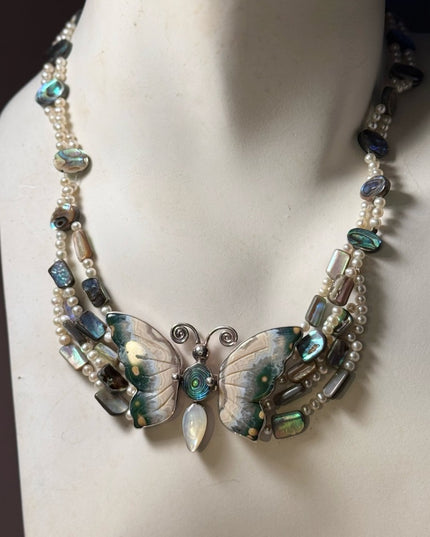 Stunning Sajen handmade RARE gemstone pearl shell sterling butterfly necklace