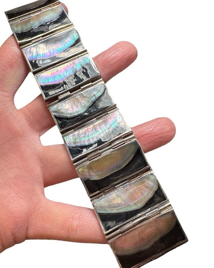 Vintage heavy mother of pearl blk onyx sterling silver 925 panel bracelet