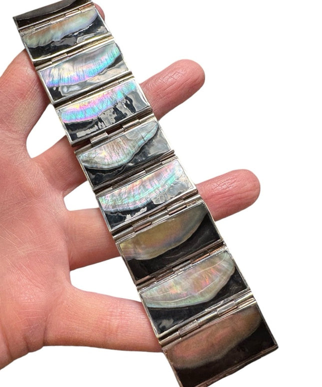 Vintage heavy mother of pearl blk onyx sterling silver 925 panel bracelet