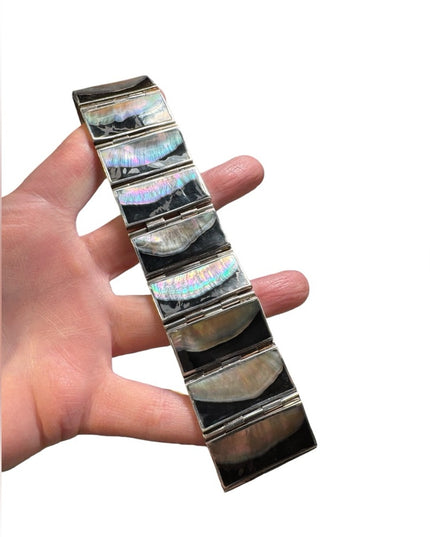 Vintage heavy mother of pearl blk onyx sterling silver 925 panel bracelet