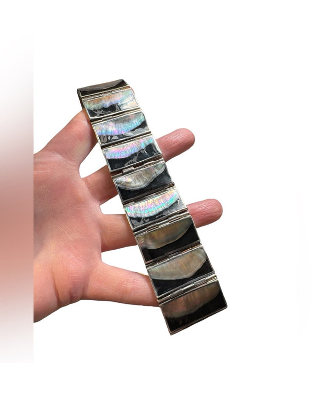 Vintage heavy mother of pearl blk onyx sterling silver 925 panel bracelet