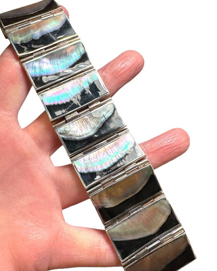 Vintage heavy mother of pearl blk onyx sterling silver 925 panel bracelet