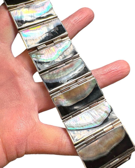 Vintage heavy mother of pearl blk onyx sterling silver 925 panel bracelet