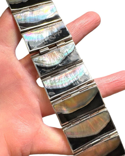 Vintage heavy mother of pearl blk onyx sterling silver 925 panel bracelet