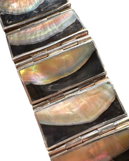 Vintage heavy mother of pearl blk onyx sterling silver 925 panel bracelet