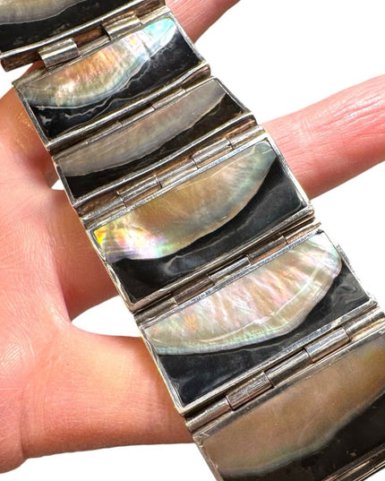Vintage heavy mother of pearl blk onyx sterling silver 925 panel bracelet