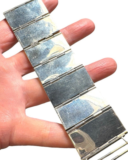 Vintage heavy mother of pearl blk onyx sterling silver 925 panel bracelet
