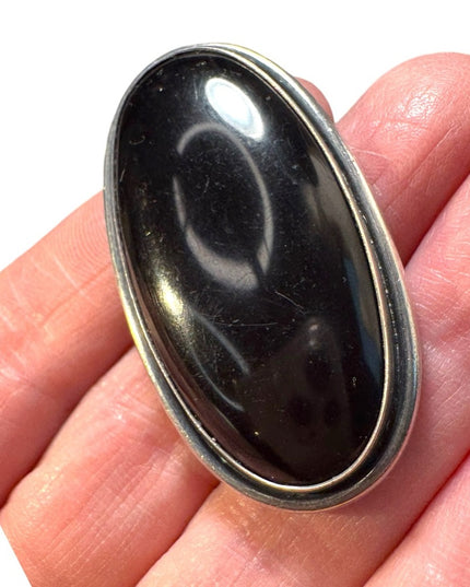 Stunning antique black onyx oval sterling silver 925 mourning brooch
