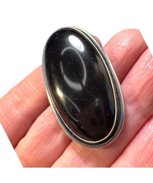 Stunning antique black onyx oval sterling silver 925 mourning brooch