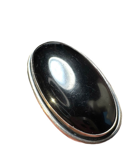 Stunning antique black onyx oval sterling silver 925 mourning brooch