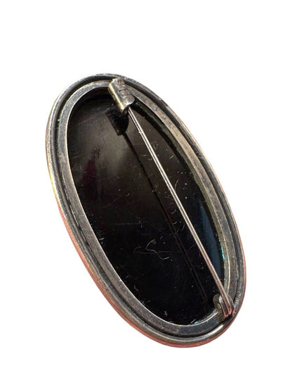Stunning antique black onyx oval sterling silver 925 mourning brooch